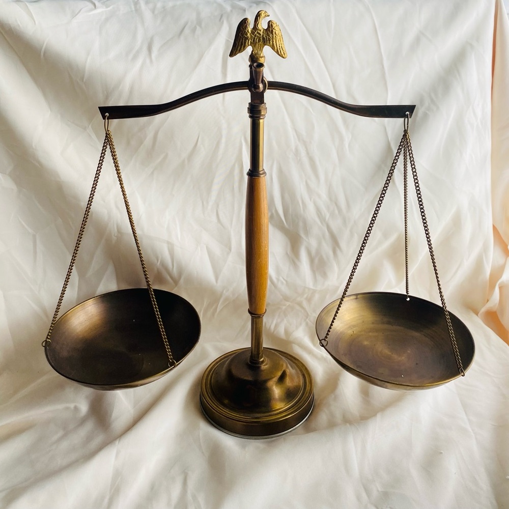 Brass and Wood Scales of Justice with Bald Eagle